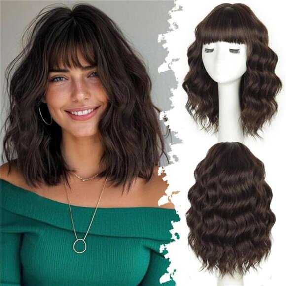 Dark Brown Wig with Bangs Bob Wigs for Women Short Wavy Curly Shoulder